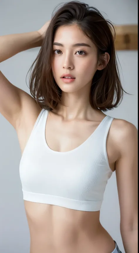 ((highest quality, 8K, masterpiece :1.3)), 1 girl, Pretty woman highlighting her slender abs :1.3, (random hairstyle :1.2), Oversized Tank Top :1.2, super detailed face, fine eyes, double eyelid, armpit