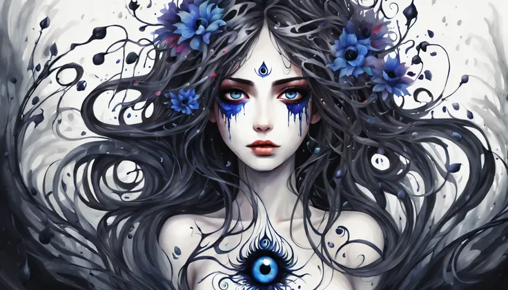 watercolor paint, dangerous girl&#39;position of the center of the entire body&#39;head of, evil eye flower, vines, with the dar...