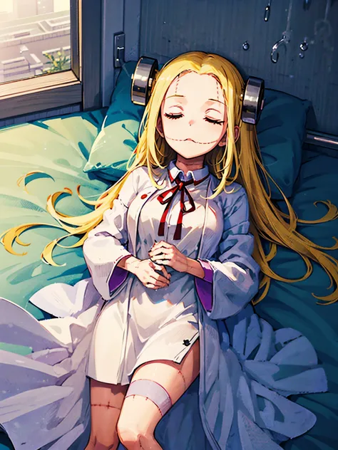 Madaraki_Fran,young woman ,(lying on a hospital bed) ,white robe ,wrinkles,((sleeping)), long hair , yellow hair,seams , Scars on the body ,closed eyes , bags under the eyes, ((((Very tired))))