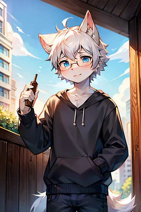 1 boy, Wolf, white and sky blue fur, young people, blue eyes, messy hair, white hair, short hair, masterpiece, Very detailed, Casual Clothing，Glasses