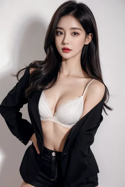 a woman, beautiful, amazing face and eyes, cosmetic, red glossy lips, (Wearing a black blazer),(Extremely detailed beautiful face),(best quality), (Super detailed), (Extremely detailed CG unified 8k wallpaper),original photo, Professional photography, (sta...