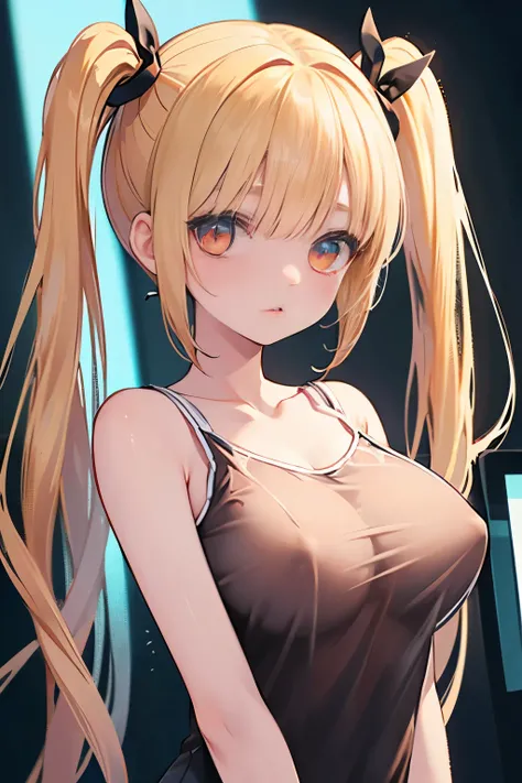 Optimal，masterpiece，High resolution，highest quality，hyper hd，Super detailed，award-winning，16k，alone，（Upper body），correct anatomy，Beautiful Cyberpunk Girl，cowboy shot、cute face，，blonde、long hair、twin tails、Braid, hair line，（（scarlet eyes）），long eyelashes，dr...