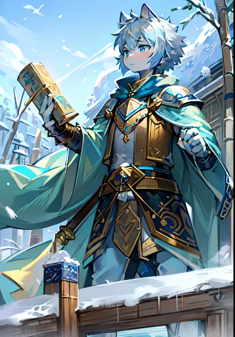 a white cat，Handheld scrolls，blue colored armor，Blue longsword，blue pupils，cool color，map，flowing robe，clear blue sky，gorgeous costumes，Cute Shota，看着map，boys，Bamboo slips，Sabre at the waist，Hand on the hilt of the sword，Snow，Saber