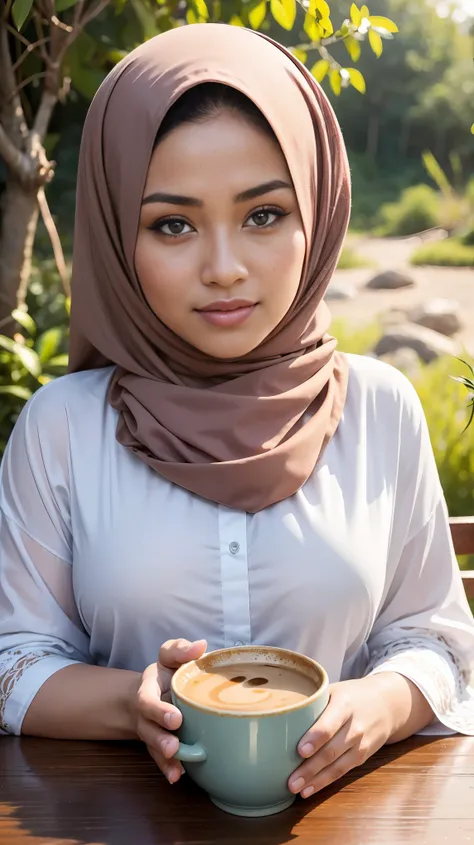 (Close Up),RAW, Best quality, high resolution, masterpiece: 1.3), beautiful Malay woman in hijab,Masterpiece, perfect fit body,big breast, big gorgeous eyes, Soft smile,beautiful face,thick thighs, woman in hijab sitting at a table with a cup of coffee, cu...