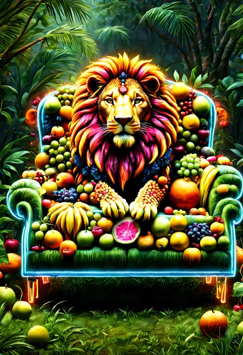 food-frts, fruit, Grass ,neon,Lion sleeping on coach in jungle, (masterpiece:1.2), best quality, (Super detailed, most detailed:1.2), High resolution textures