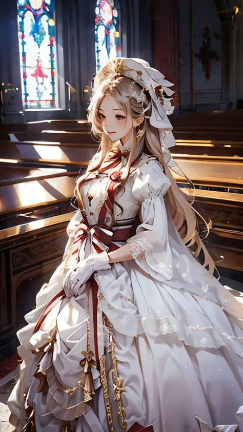 aimed from above、In front of the altar of a majestic church、（blurred background）、brighter light、Woman with long golden hair、classic white wedding dress、（elegant luster）、（Lots of races）、lots of ribbons、((voluminous puff sleeves))、long cuffs with many button...