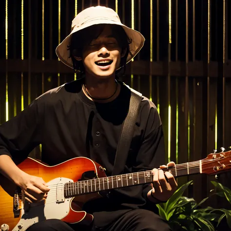 A man in black clothes plays the guitar and sings while being beaten by the rain at night.、He is wearing a bucket hat and his face is hidden in the shadows.、Pitch darkness