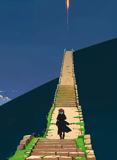 a picture of a video game anime of a woman walking down a set of stairs with a large scale shot of a world below with clouds showing how far down and how much there is in store, front cover of a new video game, break of dawn, Isekai online adventure, Bronz...