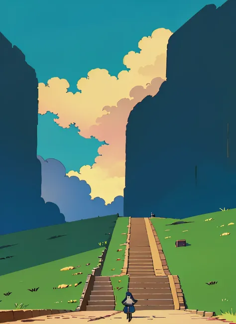 a picture of a video game anime of a woman walking down a set of stairs with a large scale shot of a world below with clouds sho...