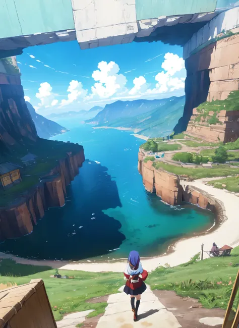 a picture of a video game anime intro with a large scale shot of a world below with clouds showing how far down and how much there is in store, front cover of a new video game, break of dawn, Isekai online adventure, Medieval mixed Japanese influence with ...