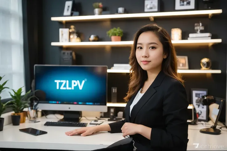 woman in black jacket sitting at desk with computer and keyboard, professional picture, professional profile picture, high quality picture, pokimane, amazing professional picture, professional profile photo, tvp, louise zhang, li zixin, leslie zhang, vp of...