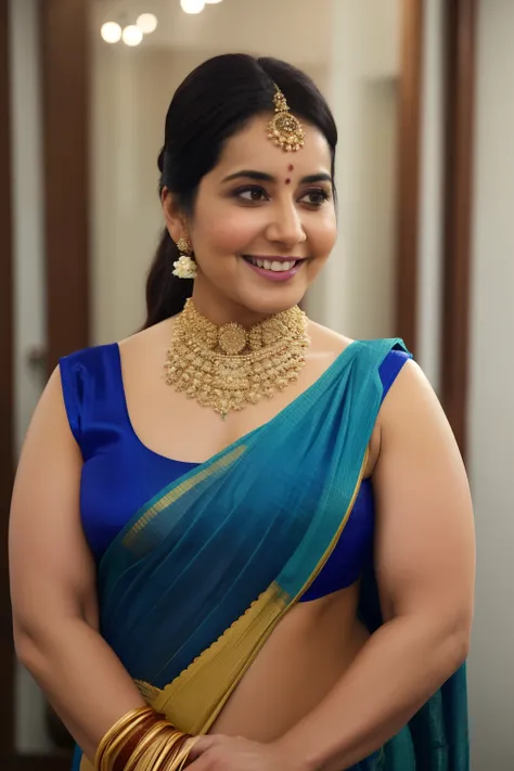 Nsfw, day scene ,photo of naked (jaya prada:0.1), big cheeks, nipples, sleeveless saree , perfect breasts, sweat, mirror selfie, one hand up, hourglass figure, hairy armpits, (blue eyes:1), ponytail, necklace, 30 yo, look at viewer and smile, (cinematic:1....