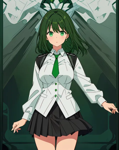 The woman wears a black skirt, dark green hair, bright bluish green eyes, and wears a white tie 