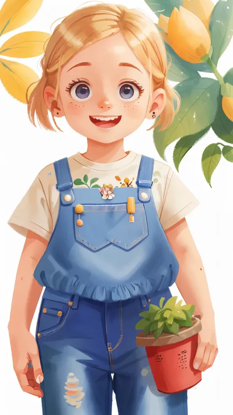 Watercolour. Character on white background. 6 Year Old Blonde Girl Wearing Gardener Blue Jeans (Mess-House: 0.8), (Masterpiece: 1.2) (Realistic: 1.2) (Bokeh) (Best Quality) (Detailed Skin: 1.3) (Intricate Details) (8K) (Detail Eyes) (Sharp Focus), (Happy)