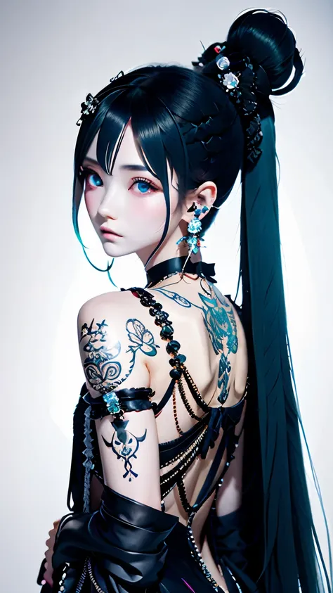 hair ornaments、earrings、skull tattoo、goth_punk, 1 girl, alone,、highest quality, realistic, Super delicate illustration, Beautiful charming anime girl, miku hatsune, slender body, tied hair, one girl, a photo of girl, full body shot, beautiful blue eyes, lo...