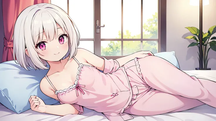 (masterpiece),(Highest image quality),High resolution,(Dainty and cute),(very detailed), 1girl, solo,An illustration,fantasy,(short hair),white hair color,perm,pajamas,pink eyes,small breasts,smile,background through,on the bed
