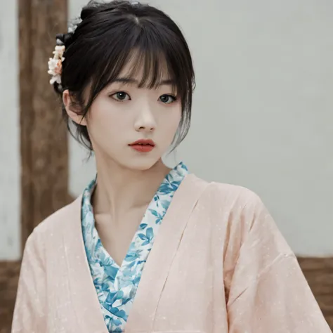 perfect face、komachi、best facial features、short hair, (((yukata))), black hair, hair behind the ear, parted bangs, asymmetrical ...