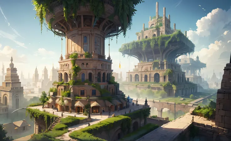 architecture,masterpiece, concept art, panoramic,ancient Babylon civilization,hanging garden, （Ancient Babylon Culture), fantasy theme, 巴比伦hanging garden, Sky,Volumetric lighting, global illumination, HD