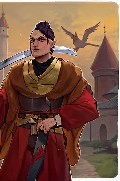 cartoon of a man in a red robe holding a knife, as a dnd character, boromir in an 80s anime world, dnd character, male blonde elf ranger, arsen lupin as a paladin, as a d & d character, fantasy d&d character, a human male paladin, final fantasy tactics cha...