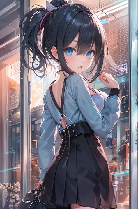 highest quality、masterpiece、super resolution、An illustration、Female in her twenties、black hair、shiny hair quality、
ponytail、blue eyes、mischievous look、Sewn、cardigan、mini skirt、
cleavage、Bra Visible、Full glass windows