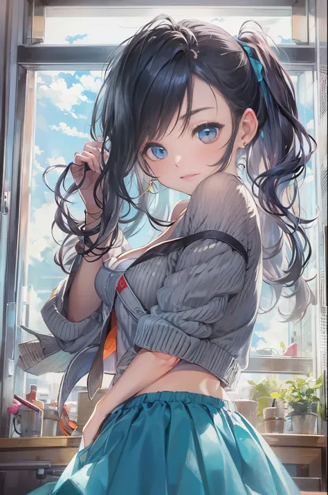 highest quality、masterpiece、super resolution、An illustration、Female in her twenties、black hair、shiny hair quality、
ponytail、blue eyes、mischievous look、Sewn、cardigan、mini skirt、
cleavage、Bra Visible、Full glass windows