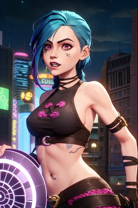 arcane style,

1girl, arm tattoo, asymmetrical bangs, bangs, blue hair, braid, brown shirt, cloud tattoo, looking at viewer, laughing, crazy, uncontrollable laugh, mad look, night, city, green hair, long hair, midriff, pink eyes, red lips, shirt, solo, sta...