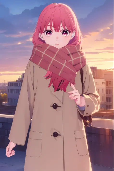 yukiitose, yuki itose, long hair, pink hair, red hair, (pink eyes:1.3),
break long sleeves, scarf, coat, brown coat,
break outdo...