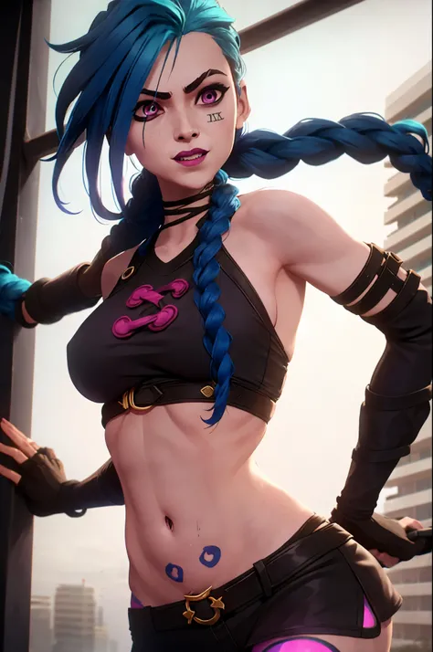 arcane style,

1girl, arm tattoo, asymmetrical bangs, bangs, blue hair, braid, brown shirt, cloud tattoo, looking at viewer, laughing, crazy, uncontrollable laugh, mad look, night, city, green hair, long hair, midriff, pink eyes, red lips, shirt, solo, sta...