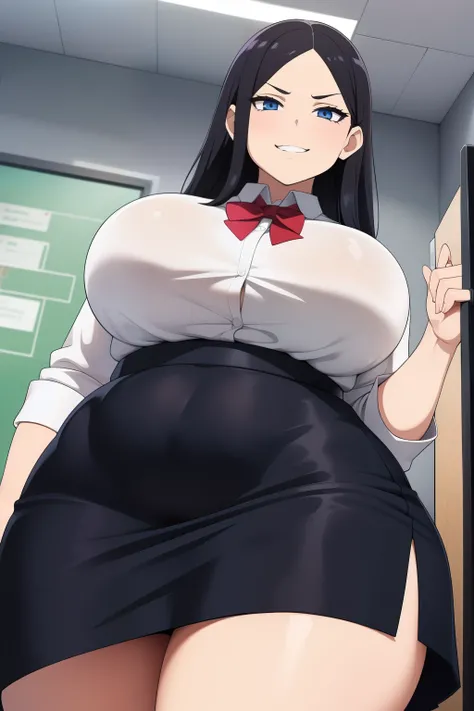 Woman in a school uniform, skirt, shirt, curvy, busty, evil smirk, dominant stare, thick thighs, view from below, presenting her butt, lifting her skirt