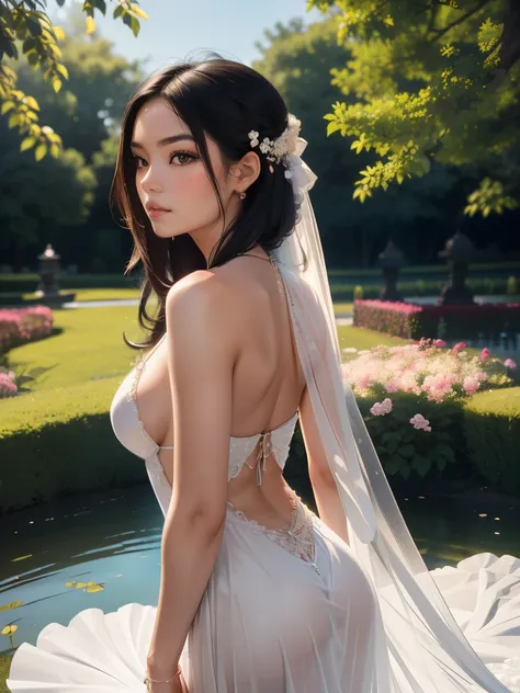 A breathtaking Indonesian woman, with her stunning black hair flowing gracefully down her back, stands with elegance in the enchanting midst of a vibrant white flower garden. The soft, ethereal glow of twilight bathes the surroundings, as the sun slowly de...