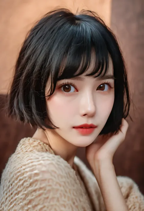 masterpiece,best quality,  (Delicate skin:1.2), film grain, 32k, original photo,8k ultra high definition, 
actual,simple background,
1 girl, short hair , black hair, portrait, miss, brown eyes,