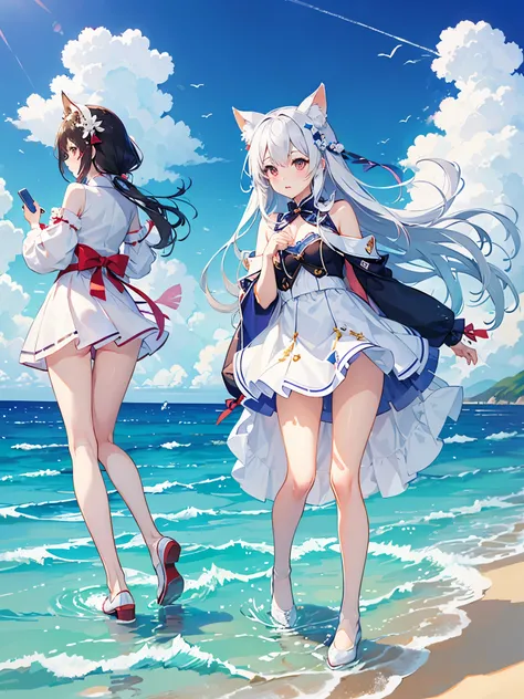 Pure fox-eared girl（Cheerful）Skin is hydrated（Highlights the voluptuousness of thighs） Cloth shoes on their feet。white flower。Ocean。Action settings：Turn around。
