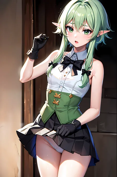 highelfarcher, high elf archer, elf, Green hair, long hair, pointy ears, elf, (masterpiece:1.2), best quality, high resolution, unity 8k wallpaper, (illustration), perfect lighting, Highly detailed CG, (sexy:1.4),alone, 1 woman ,(White_schools_shirt:1.3), ...