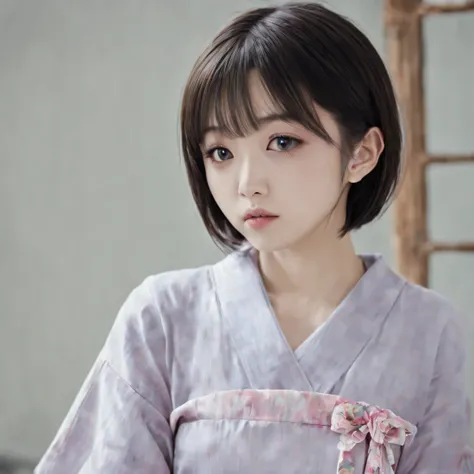 perfect face、komachi、best facial features、(((short hair))), (((yukata))), black hair, hair behind the ear, parted bangs, asymmet...