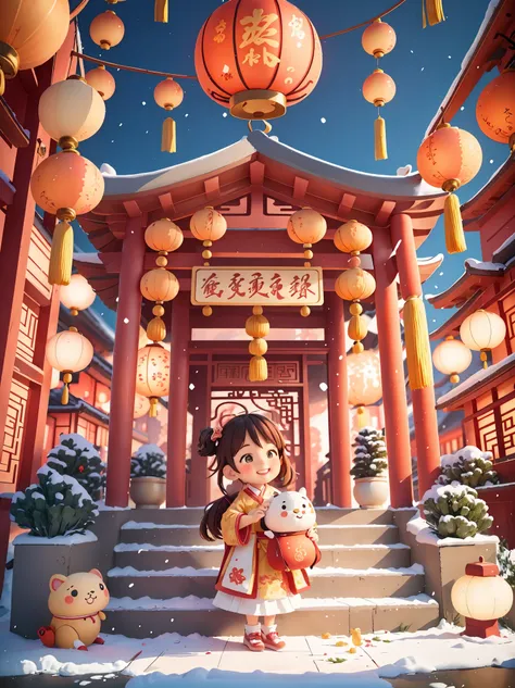 （masterpiece，quality，best quality，official art，beauty and aesthetics：1.2），cny,（1 cute girl：1.3），alone，brown double ponytail，(chi...