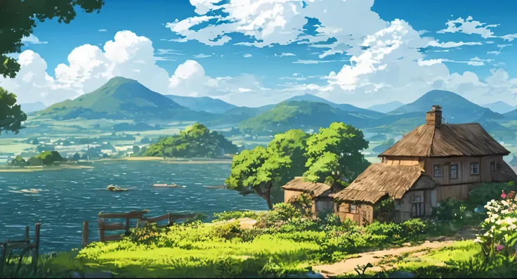 There is a picture of a rural landscape with a house and an island.、anime countryside landscape