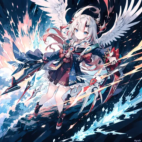 masterpiece, best quality, Rennis flies through the sky,  Dynamic camera,  action scene, Magic explosion, intricate details,  whole body, ethereal wings, blue eyes,  Ayame