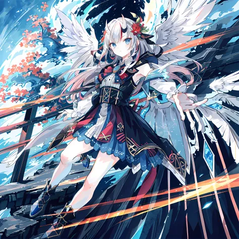 masterpiece, best quality, Rennis flies through the sky,  Dynamic camera,  action scene, Magic explosion, intricate details,  whole body, ethereal wings, blue eyes,  Ayame