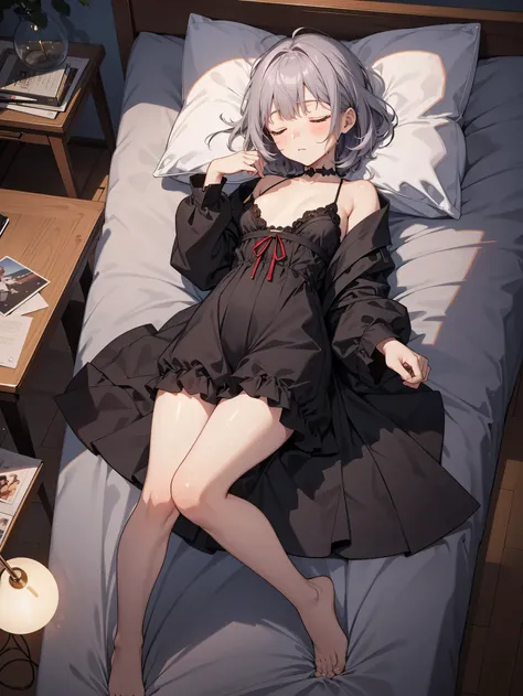 Super high quality by the art god, super detailed, High resolution, AI generated, anime moe art style, best anime 8K konachan wallpaper, pixiv contest winner, perfect anatomy, break,(Please draw a picture of a girl sleeping on the bed in her room.. )full b...