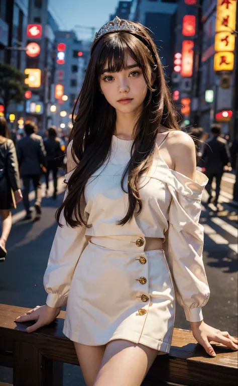 1 girl, Tokyo streets,night, city View,city lights, Focus on photography above the thigh， 8k, original photo, best quality, masterpiece,actual, photo-actual,Red rose tiara, parted bangs, long hair,