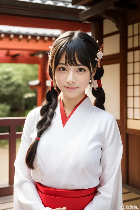 whiteいシャツと赤いスカートの女性、　 what i do&#39;wearing、　In general,、　Traditional、　hakama kimono、　Japanese style、　Complex、　white, thin and transparent hanfu、　（S-class super cute girl at the shrine）、　big breasts、The shape of the nipples、　（CG Unity 8K high resolution ph...