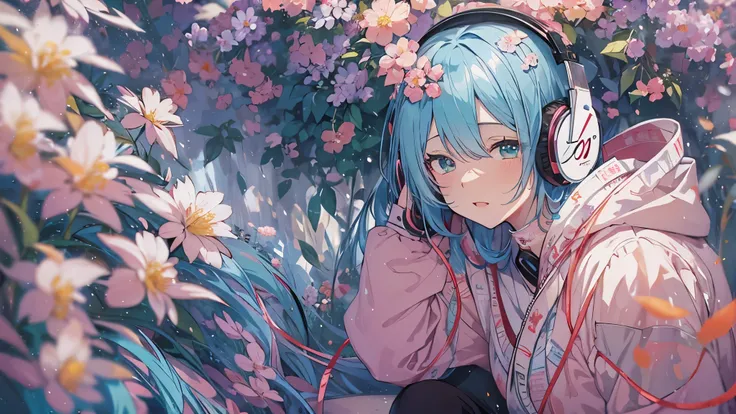 Tsundere Female Main Background is blurred Draw only the upper body Woman with blue hair Style artwork of a lonely Gweiz wearing headphones、beautiful anime、 Alone Gwythe、beautiful anime girl、beautiful anime girl、Anime girl with teal hair、anime style。8K、Bow...
