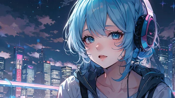 Tsundere　Female Main　Background is blurred　Draw only the upper body　Woman with blue hair　Style artwork of a lonely Gweiz wearing headphones、beautiful anime、 Alone　Gwythe、beautiful anime girl、beautiful anime girl、Anime girl with teal hair、anime style。8K、Bow...