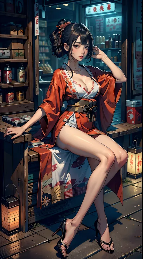 ((Extremely detailed CG unit 8k wallpaper, masterpiece, high resolution, quality,)), ((a very beautiful woman, number of expressions, lush lips, Posing like a model:1.5,High heel， upper part of body, Japanese short outer box, Japanese design ultra-lost sho...