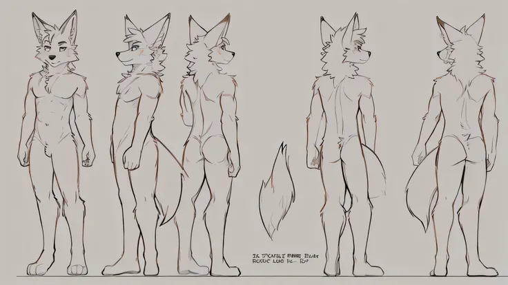 male furry fluffy antromophic fox reference sheet not colored front and back side