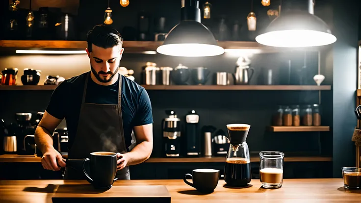 a man making coffee in the kitchen dark themed