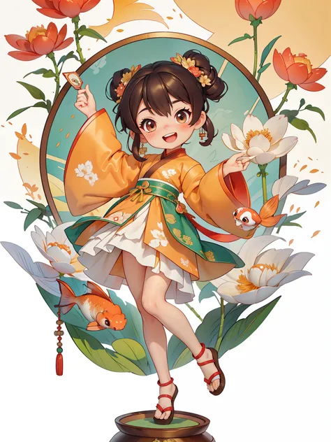 Create a series of Chinese New Year themed decorative paintings，Greeting Cards，（masterpiece)，(best quality)，(official art)，(Beauty and aesthetics:1.2)，Two exquisite koi fish surround a cute little girl，Little girls must wear(Chinese fabric:1.2)exquisite cl...