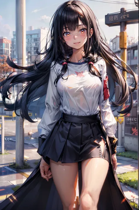 1 girl,underbust，smile，(shirt:1.5),(wearing mini skirt:1.2),(leg length:1.3),(night，bus stop，​​caiyun)，long black hair，fur-trimm...