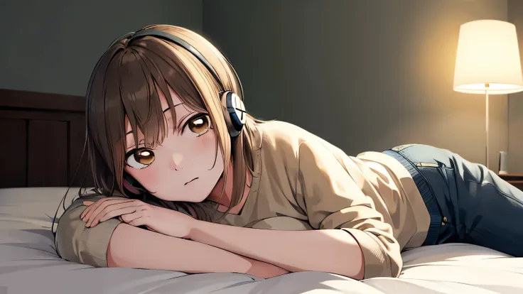 masterpiece, highest quality, high resolution, achinatsu, medium hair, girl listening to music in a cozy room at night, use head...