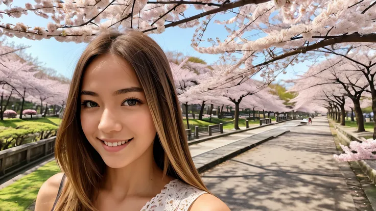 Instagram pictures, french girl, Shoulder length hair, Has light blonde hair, Close-up photo, Take a walk in the park with cherry blossoms, Japan, smile a little,